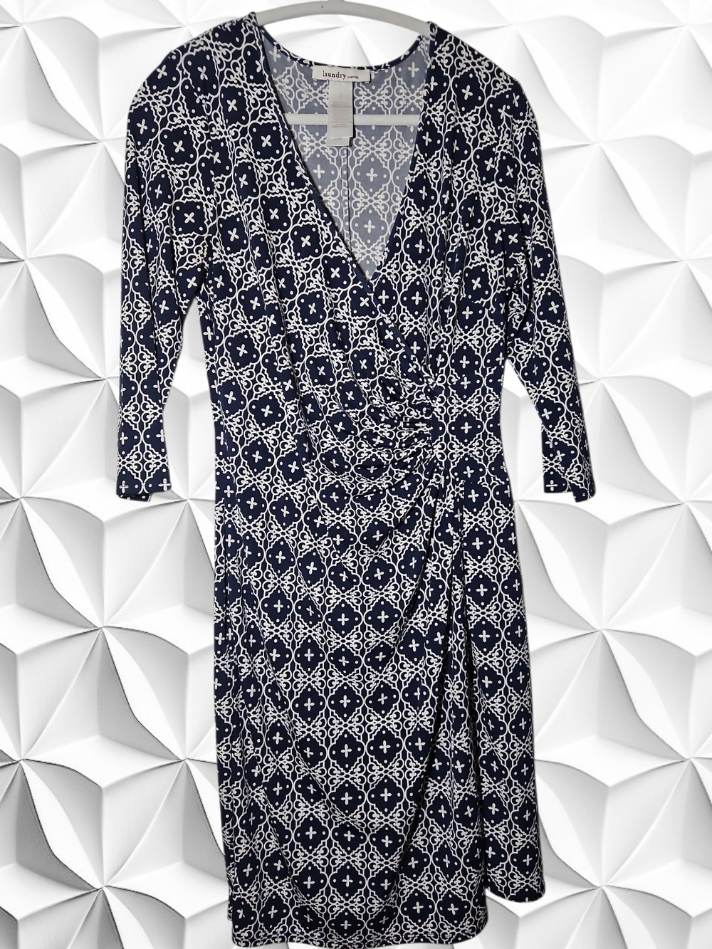 Laundry by Shelli Segal Navy White Geometric Faux Wrap Dress Size 10